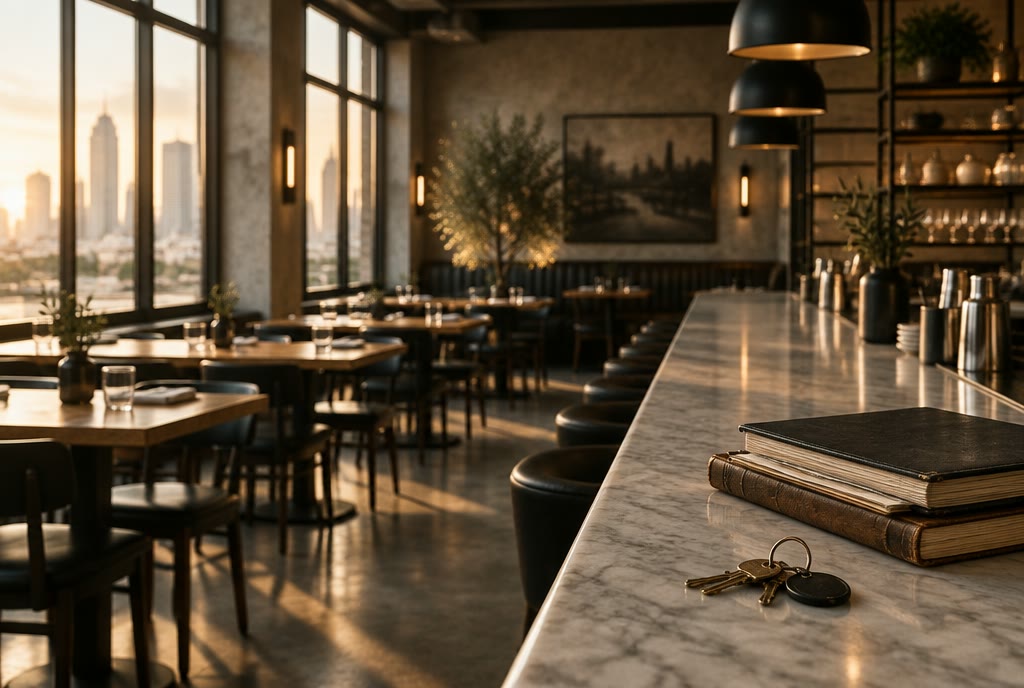 Interior of an independent restaurant before opening, with keys and ledgers on the counter