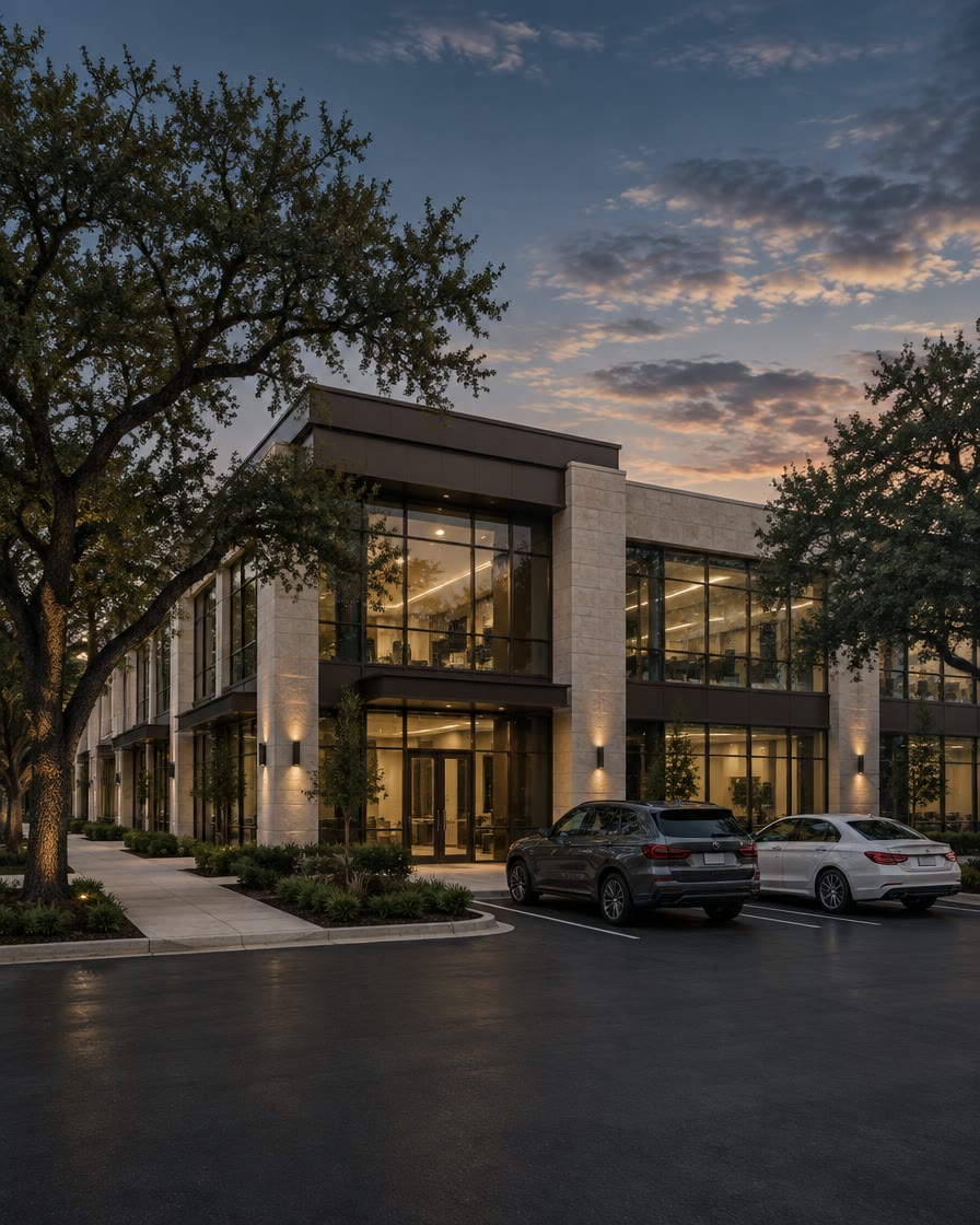 Modern low-rise commercial office and retail building at dusk with warm interior lighting