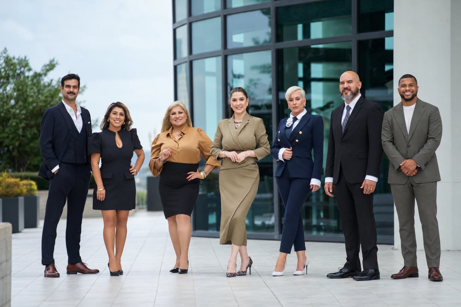 The seven Monarch & Co. advisors standing together on a terrace outside a glass office building