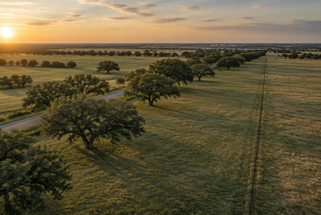 Aerial view of open Texas acreage with a fence line, live oaks, and a farm road at golden hour